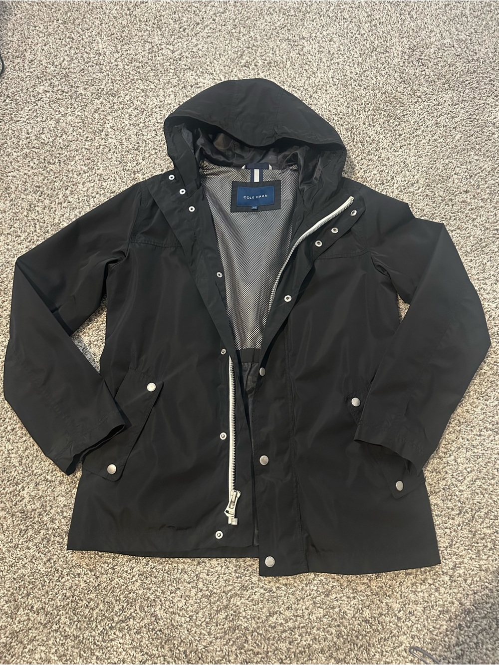 Cole Haan Black Hooded Raincoat with Snap and Zip Closure